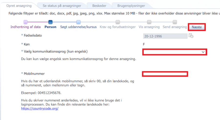 Udfyld de personlige oplysninger, som mangler, og klik på næste.