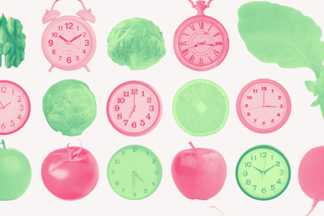 Illustration of clocks and foods coloured green and pink