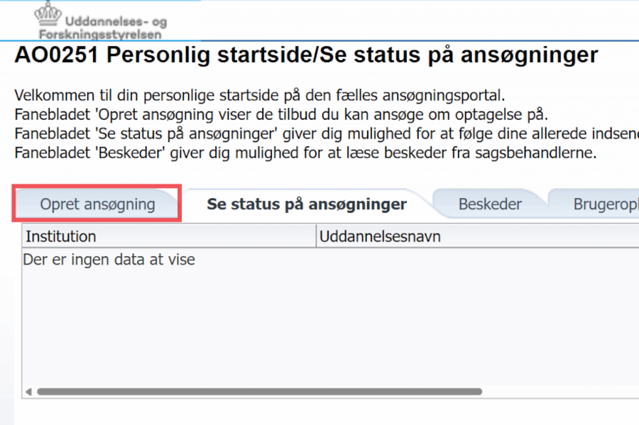 Vælg fanen Opret Ansøgning