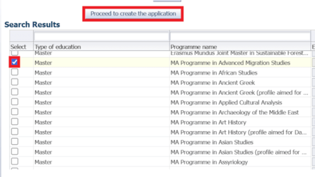 Select the programme you want to apply for by ticking the box next to the programme. Click "move on to creation of application".