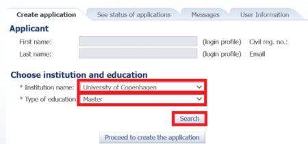 Choose institution and select the type of programme