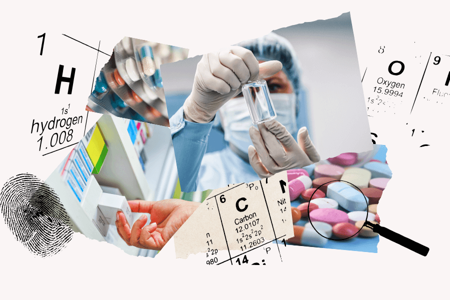 Illustration of medicine, fingerprints, and chemical elements