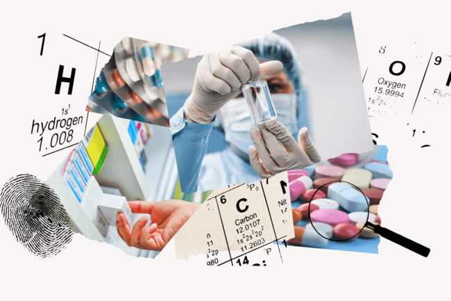 Illustration of medicine, fingerprints, and chemical elements