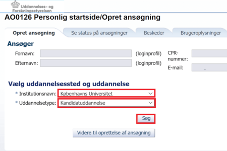 Vælg uddannelsesinstitution og -type.