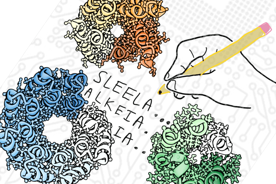 A drawing of a hand writing code between folded proteins