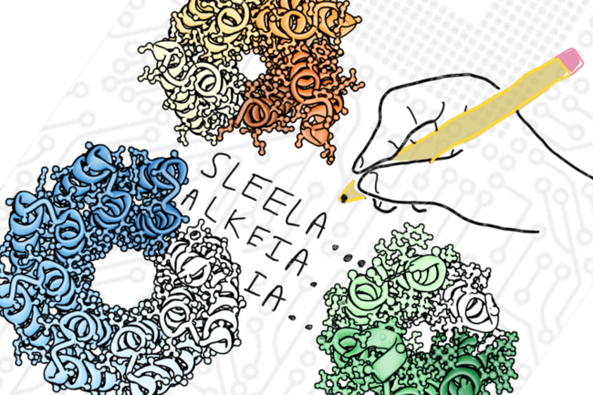 A drawing of a hand writing code between folded proteins