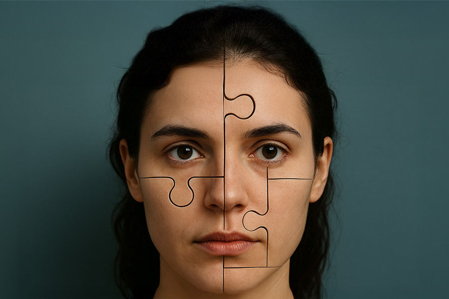 Female face divided into jigsaw pieces.
