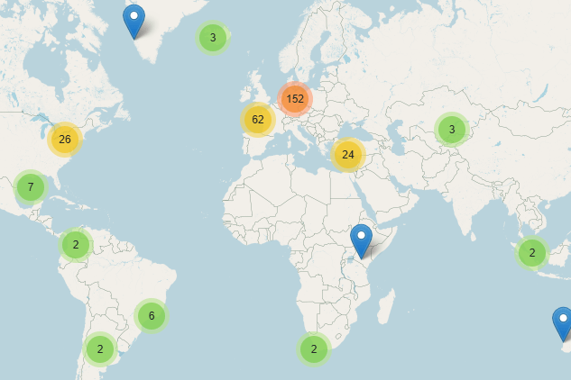 World map showing the University of Copenhagen’s partner universities across all continents, marked with dots or symbols in regions such as Europe, North America, South America, Asia, Africa, and Oceania.