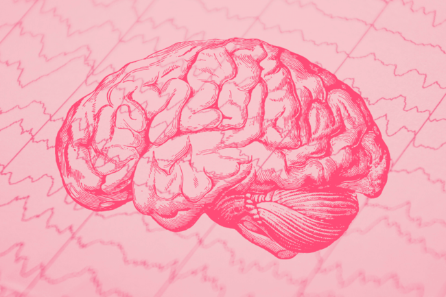Illustration of brain with brain waves in the background